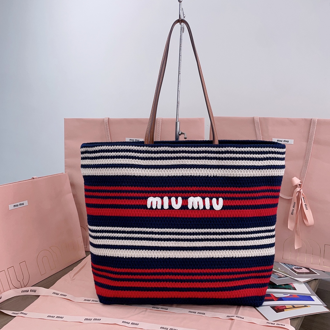 MIU MIU Fabric Crochet Striped Tote Bag Blue Red White
