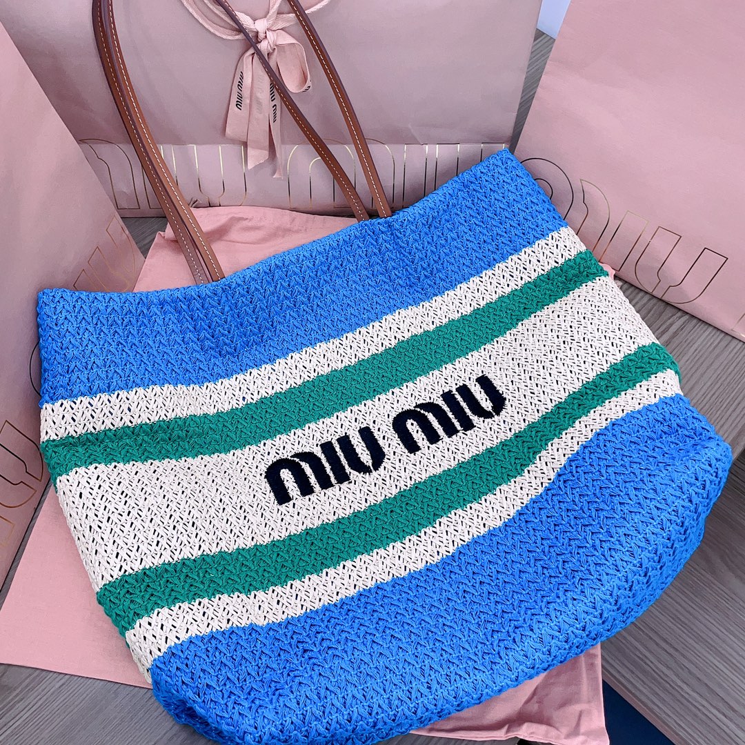 Miu Miu Large Logo Tote Bag in Natural & Azzurro  blue