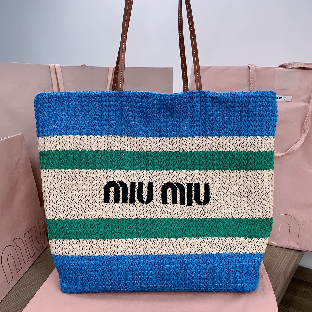 Miu Miu Raffia Tote Bag ‘Beige/Light Blue’ – 5BG228