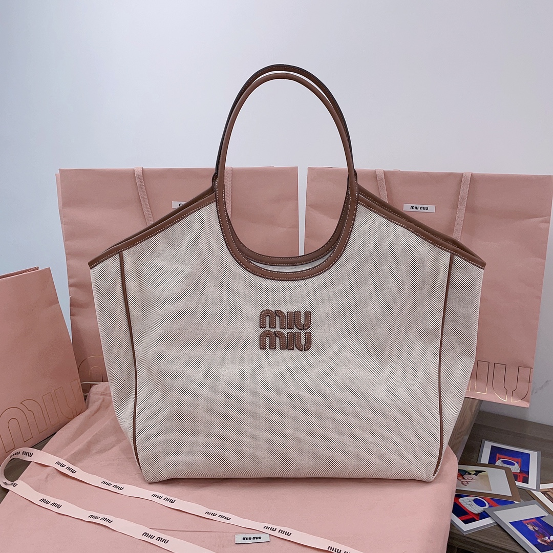 Miu Miu Beige/brandy Ivy Canvas And Leather Tote Bag | Miu Miu