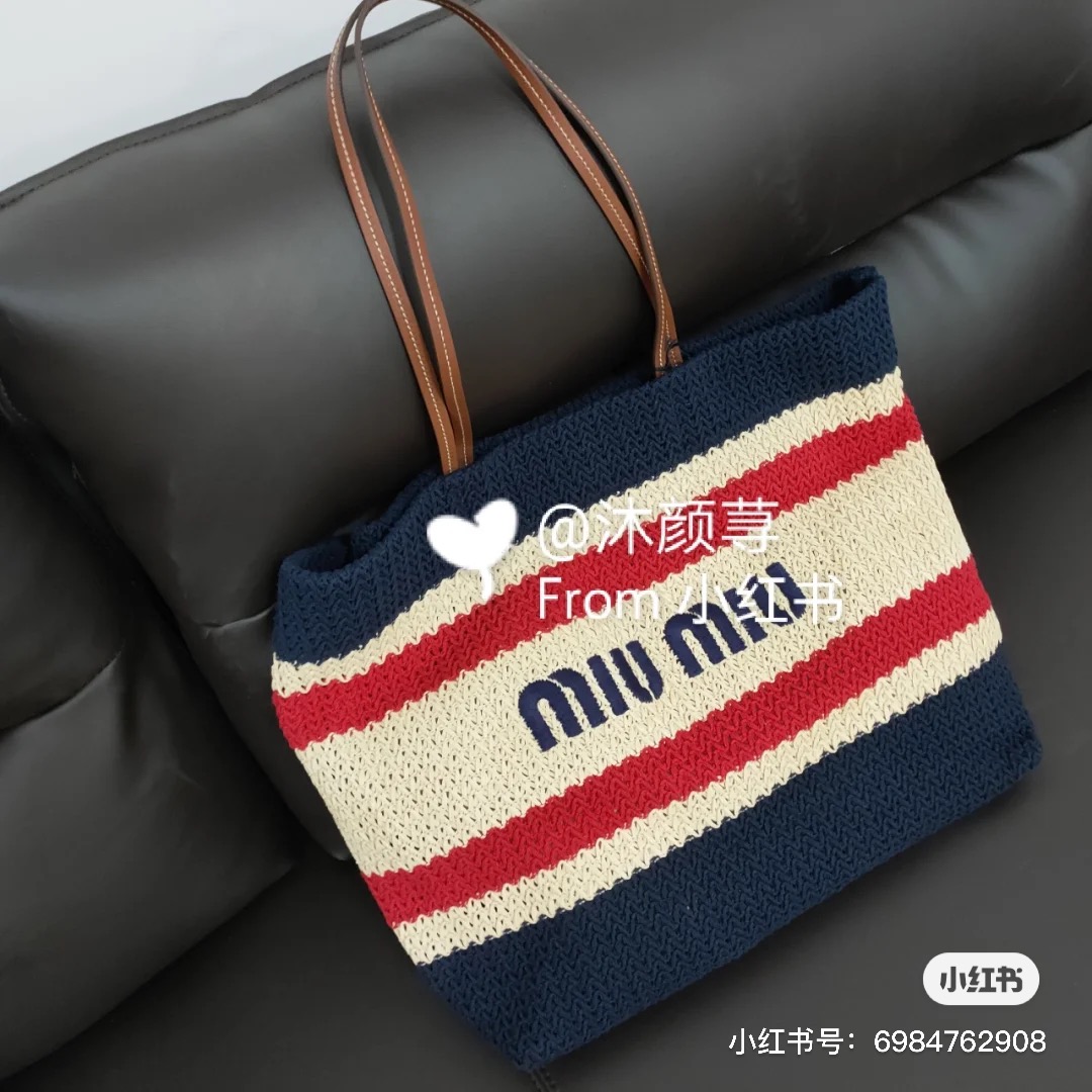 Miu Miu Natural/blue Raffia-effect Woven Tote Bag | Miu Miu