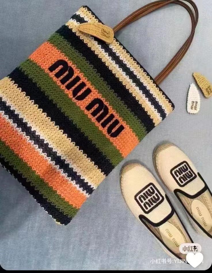 Miu Miu Multicolor Woven Raffia and Crochet Fabric Beach Tote