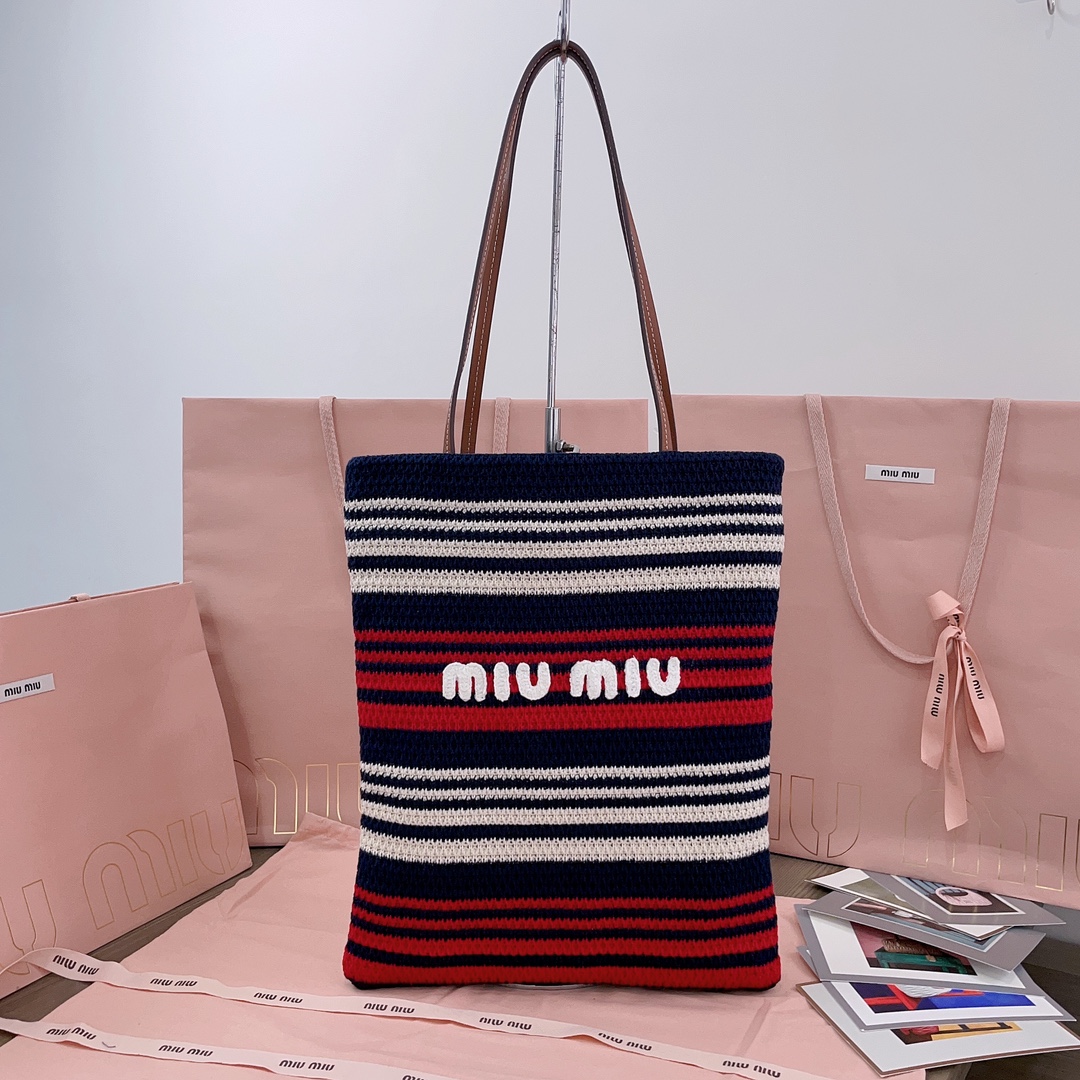 Miu Miu Striped crochet-knit Tote Bag | Blue red