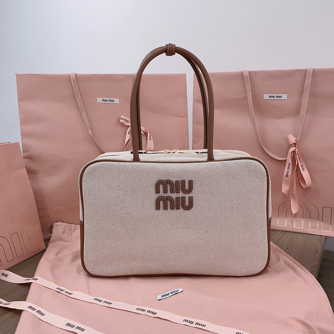 Miu Miu Top Handle canvas x leather Hand bag Beige