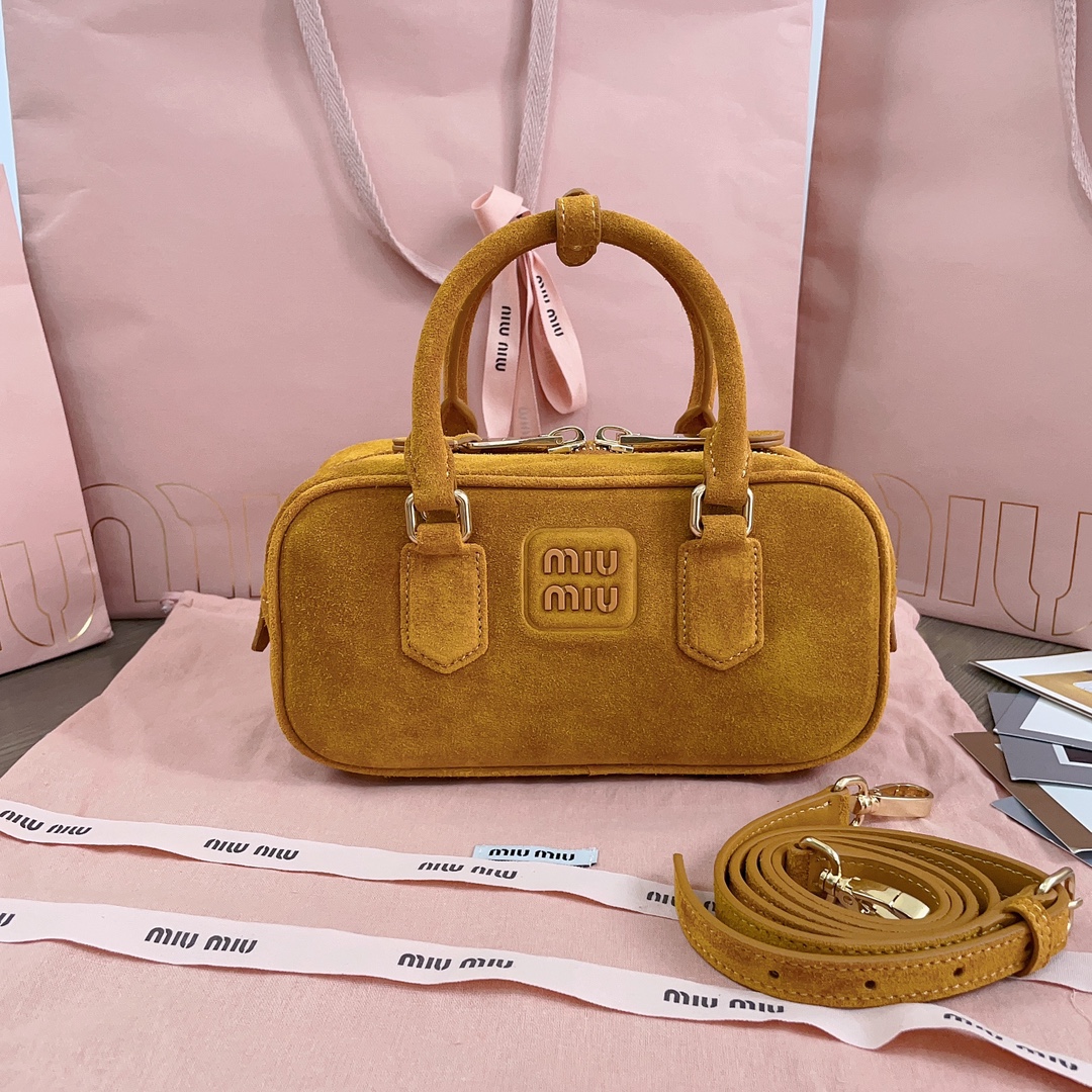 Miu Miu Small Arcadie Suede Top Handle Bag in Natural |