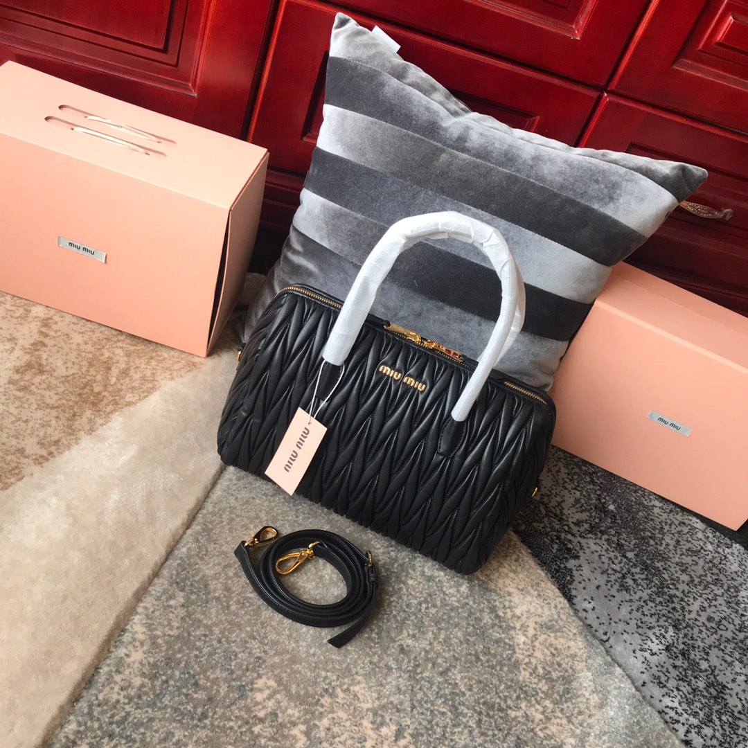 Miu Miu Black Top Handle Tote Bag in Matelassé Leather