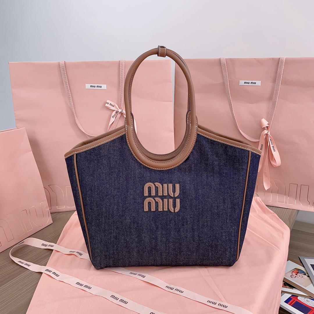 Miu Miu Ivy leather-trimmed Denim Shoulder Bag | Blue |