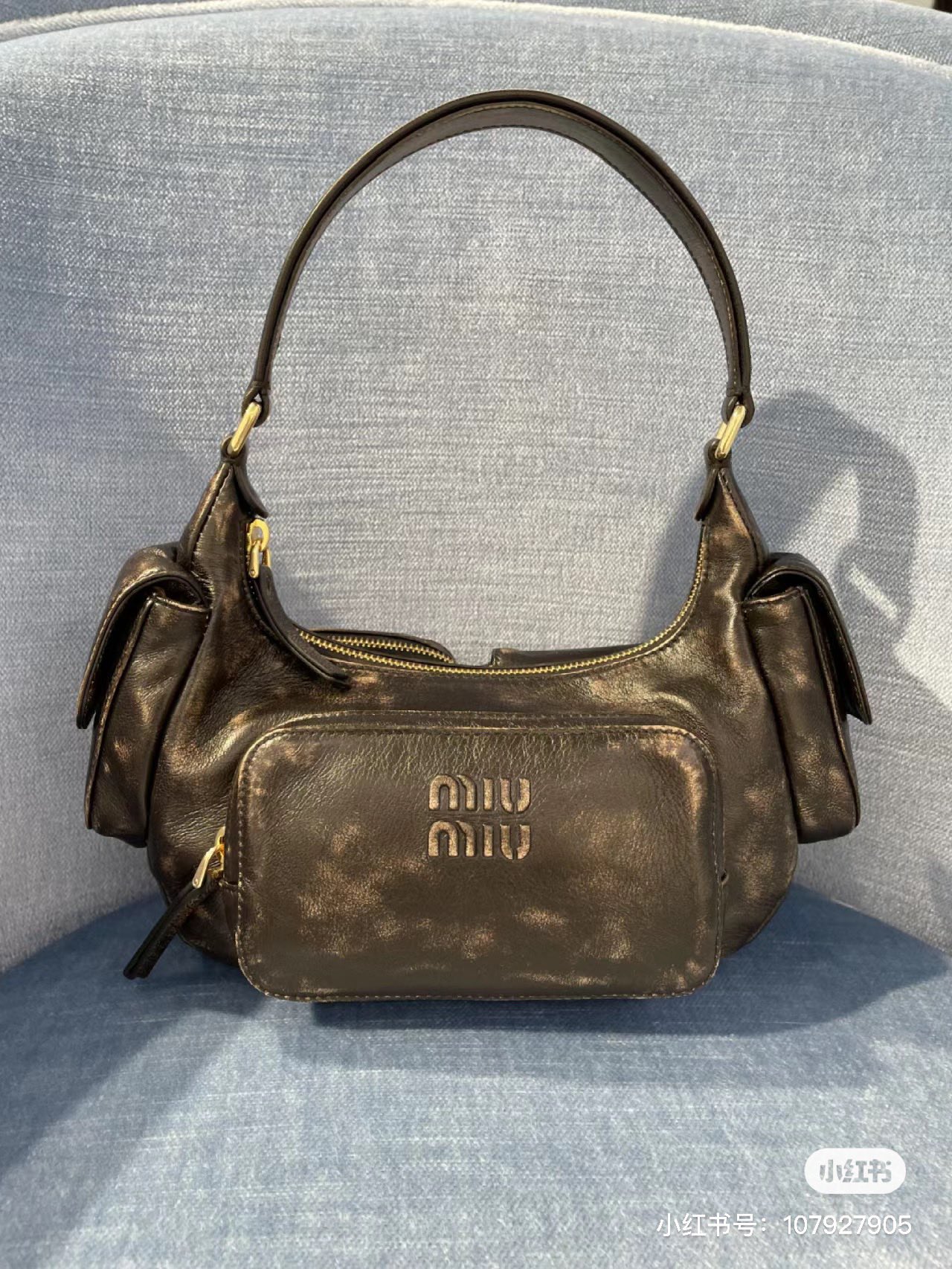 MIU MIU Distressed Nappa Pocket Bag Sand Coffee 147380=
