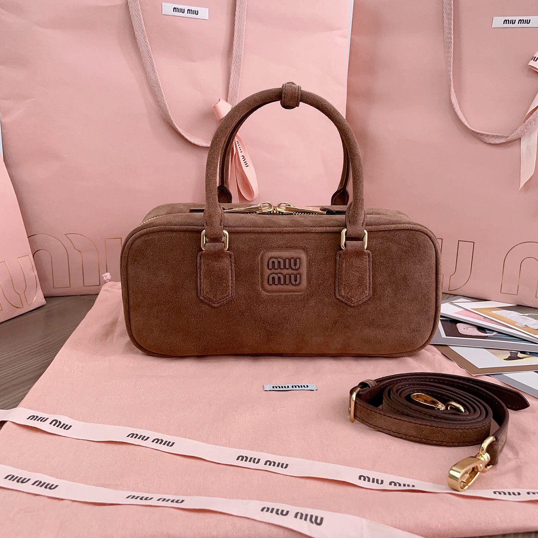 MIU MIU Suede Padded Regular Arcadie Top Handle Bag Cocoa