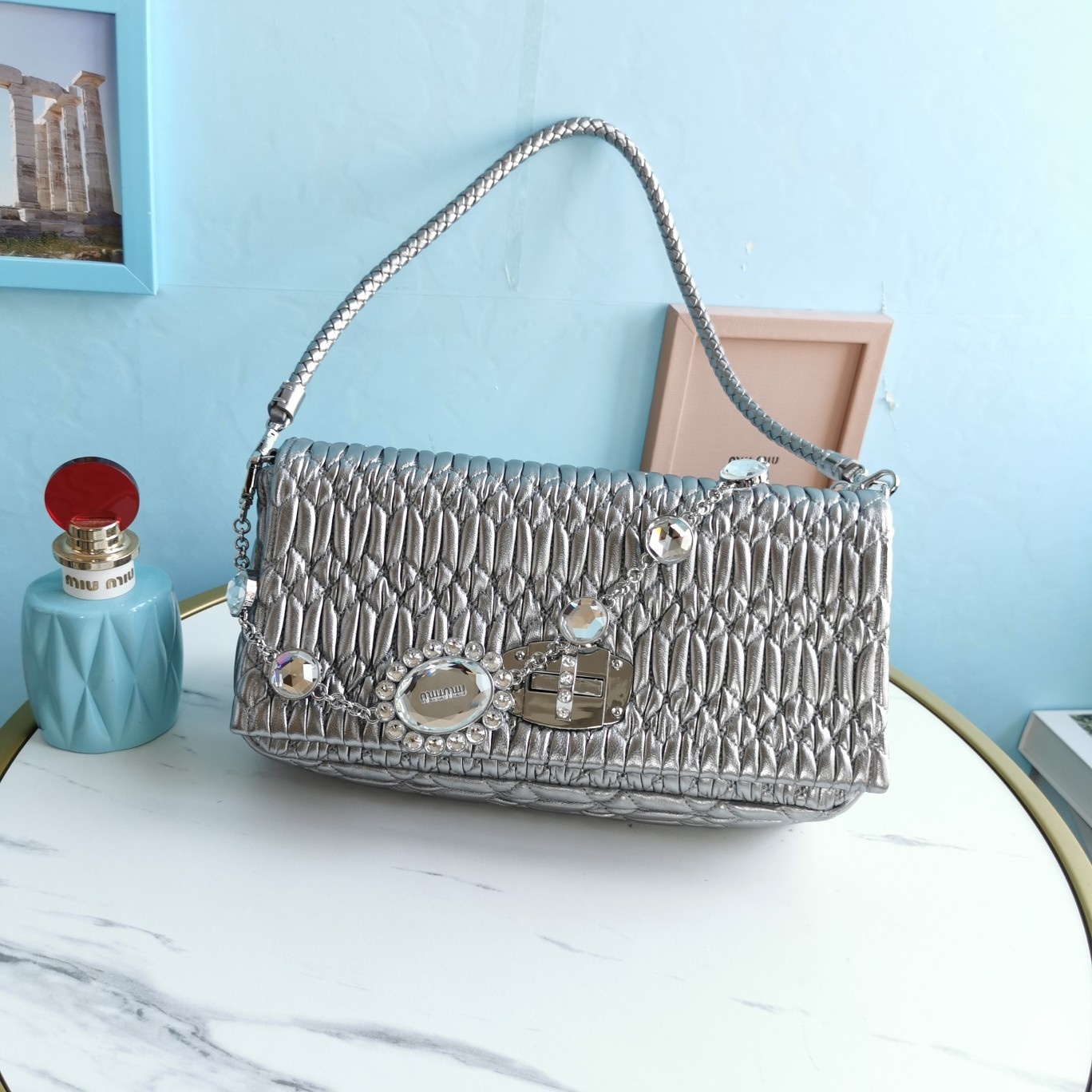 Miu Miu Pre-Owned 2010s Matelasse Crystal Shoulder Bag siver