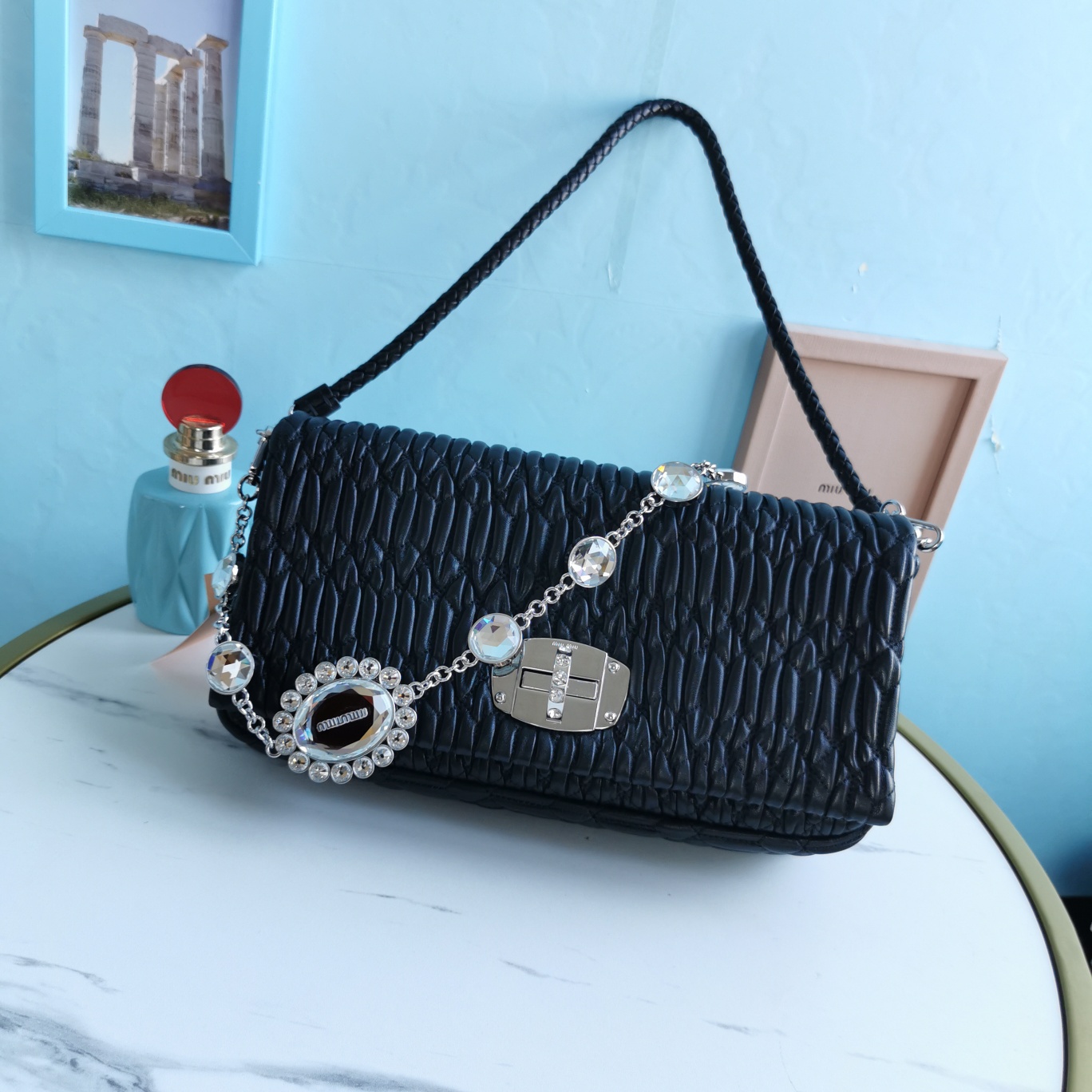 Miu Miu Iconic Crystal Cloqué Bag | Black
