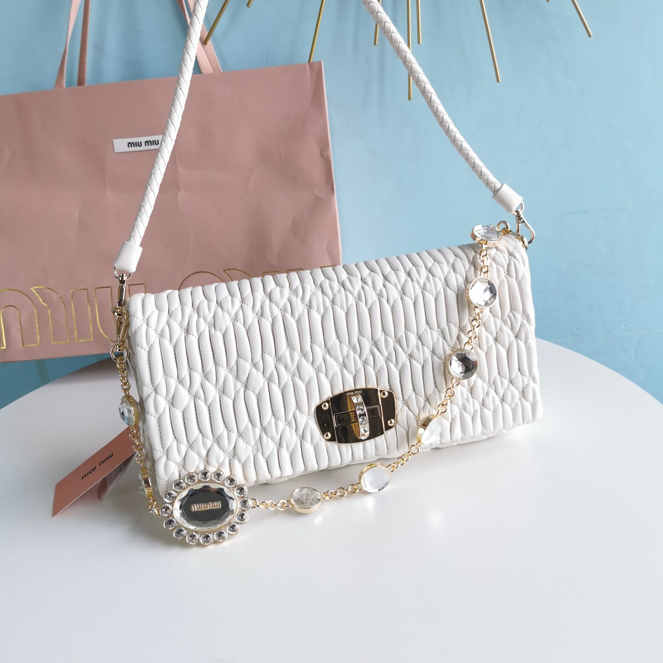 Miu Miu Miu Crystal Matelassé Shoulder Bag | White |