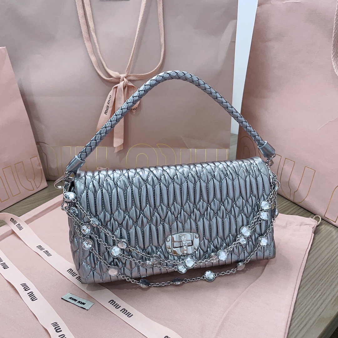Miu Miu Silver Cloquet Nappa Crystal Leather Clutch Bag