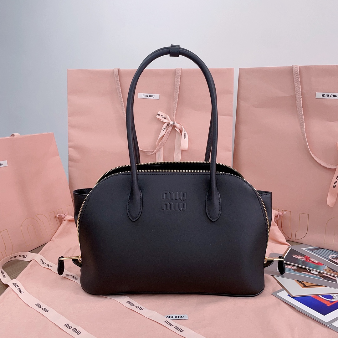 Miu Miu Black Leather Logo Embossed Top Handle Tote Ba