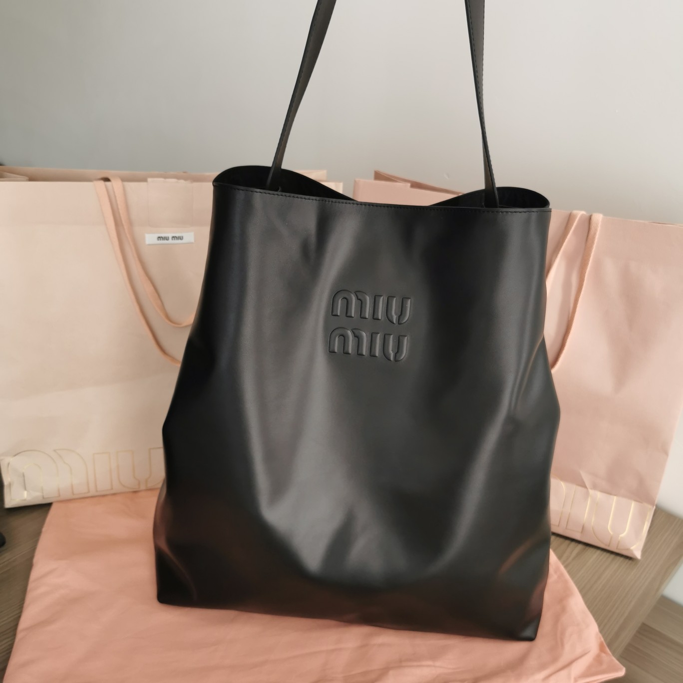 MIU MIU Soft Calf Logo Embossed Shoulder Bag Black 1263278