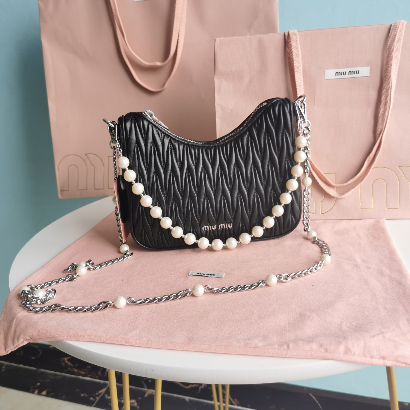 Miu Miu Matelassé Pearl Embellished Shoulder Bag – Miu Miu  03589