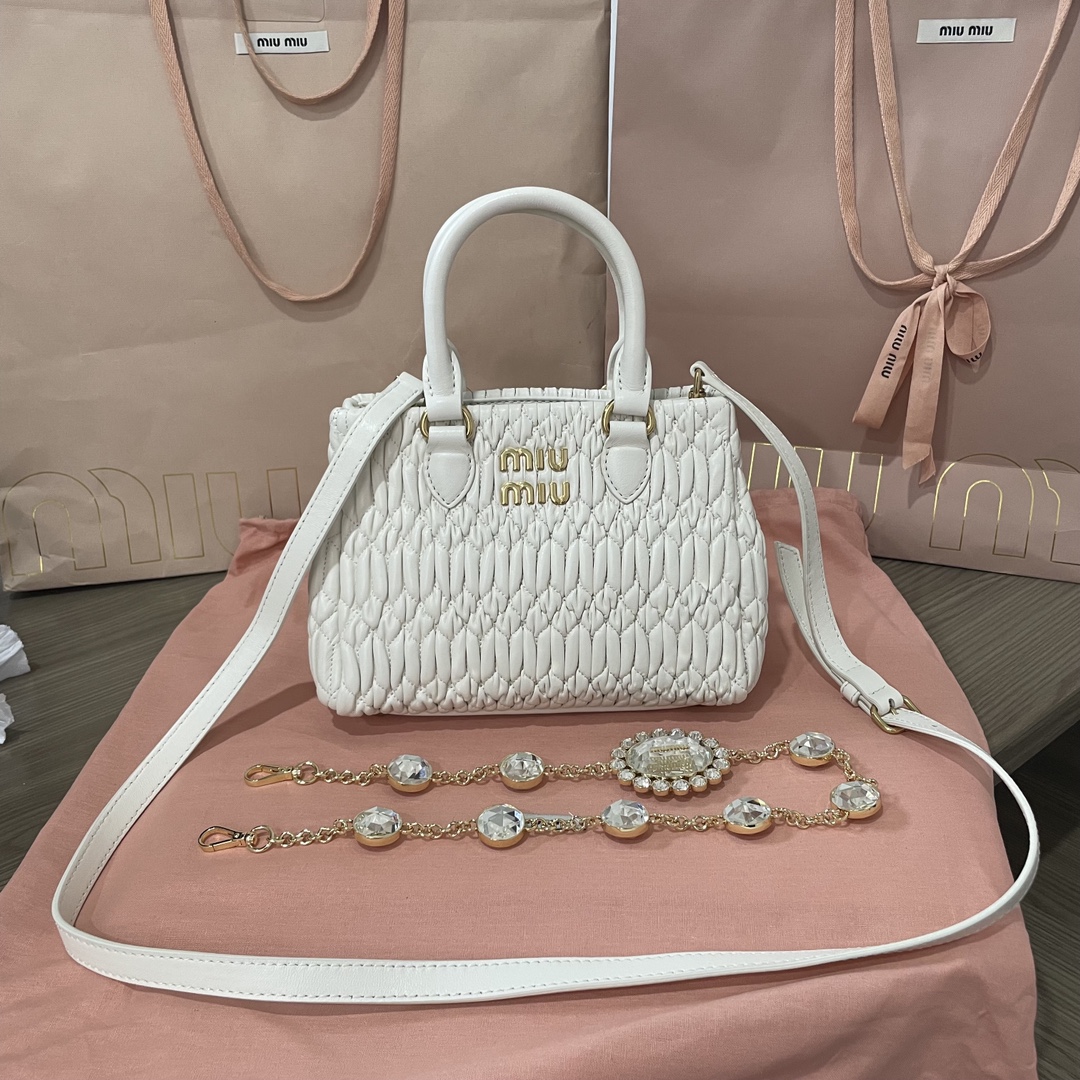 Miu Miu Miu Crystal Cloqué Tote Bag – White