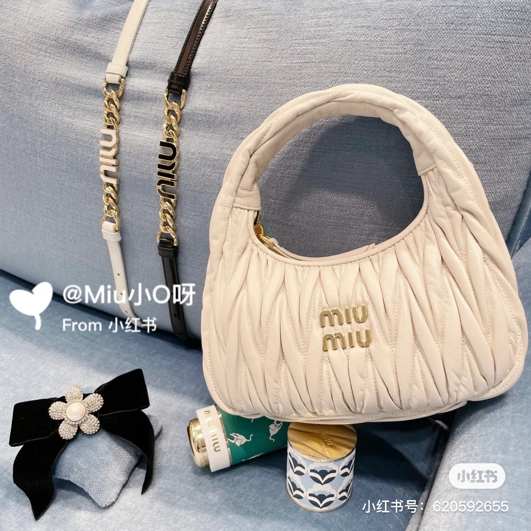 Miu Miu Wander Matelasse Nappa Leather Hobo Bag White in Leather with Gold-tone Miu Miu 03889