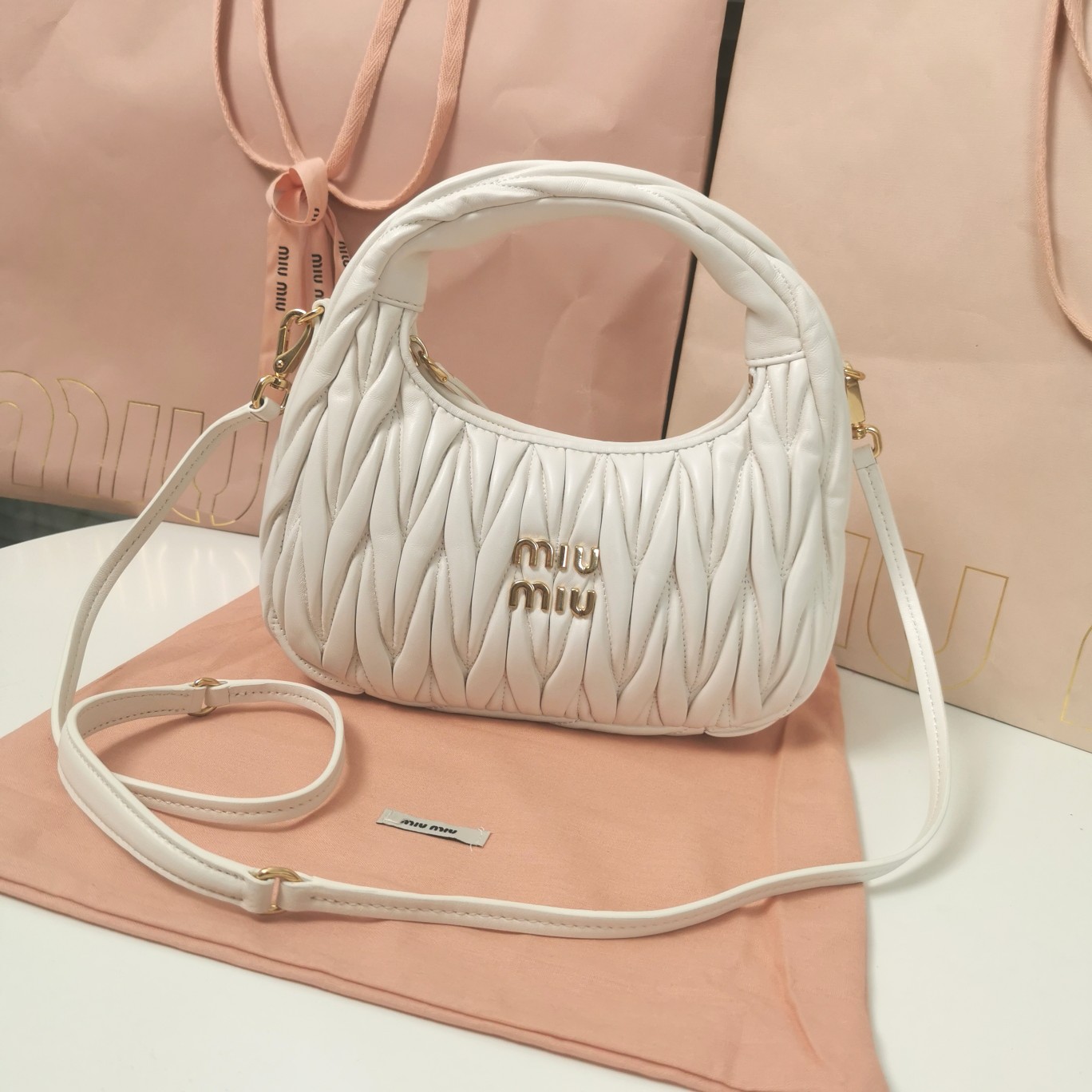 Miu Miu Mini Wander Matelassé Shoulder Bag | White