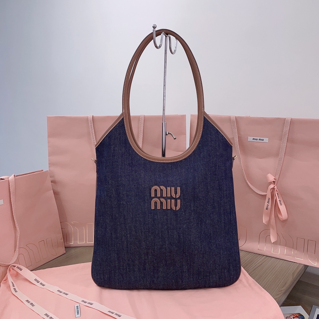 Miu Miu Ivy leather-trimmed Denim Shoulder Bag | Blue