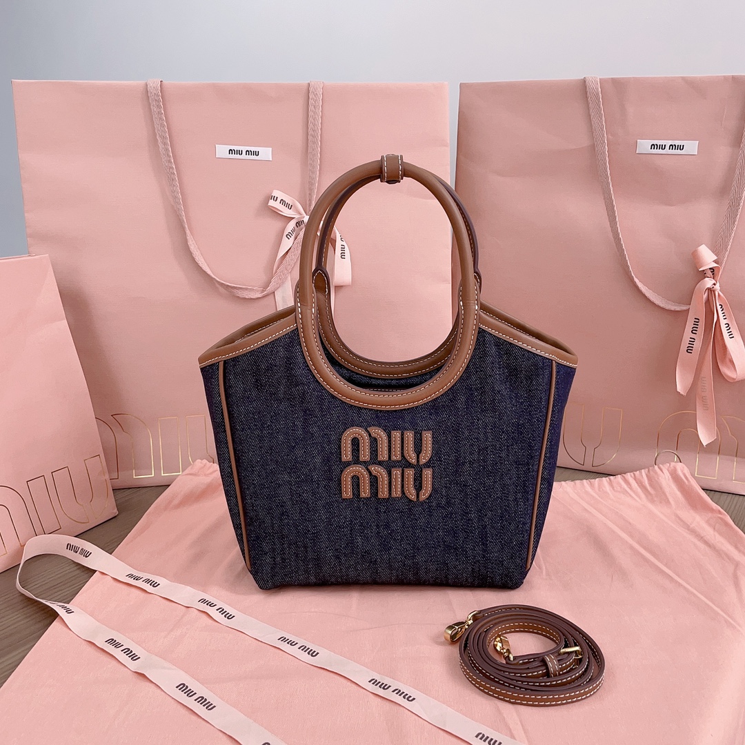 Miu Miu Ivy leather-trimmed Denim Shoulder Bag | Blue