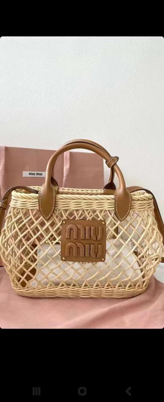 Miu Miu Woven Fabric Handbag With Leather Trim – Tan/Carame