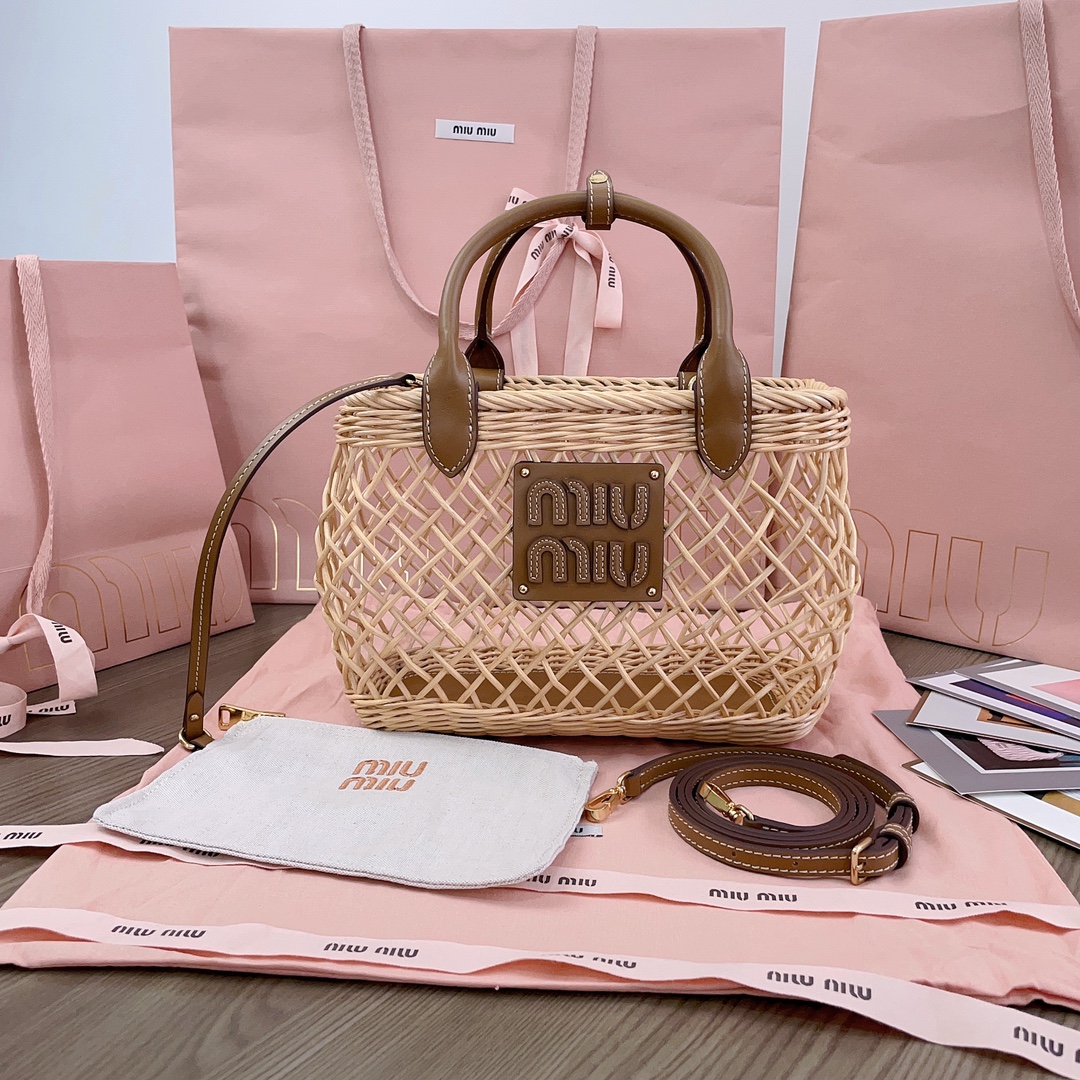 MIU MIU Woven Fabric Calfskin Logo Basket Bag Tan Caramel