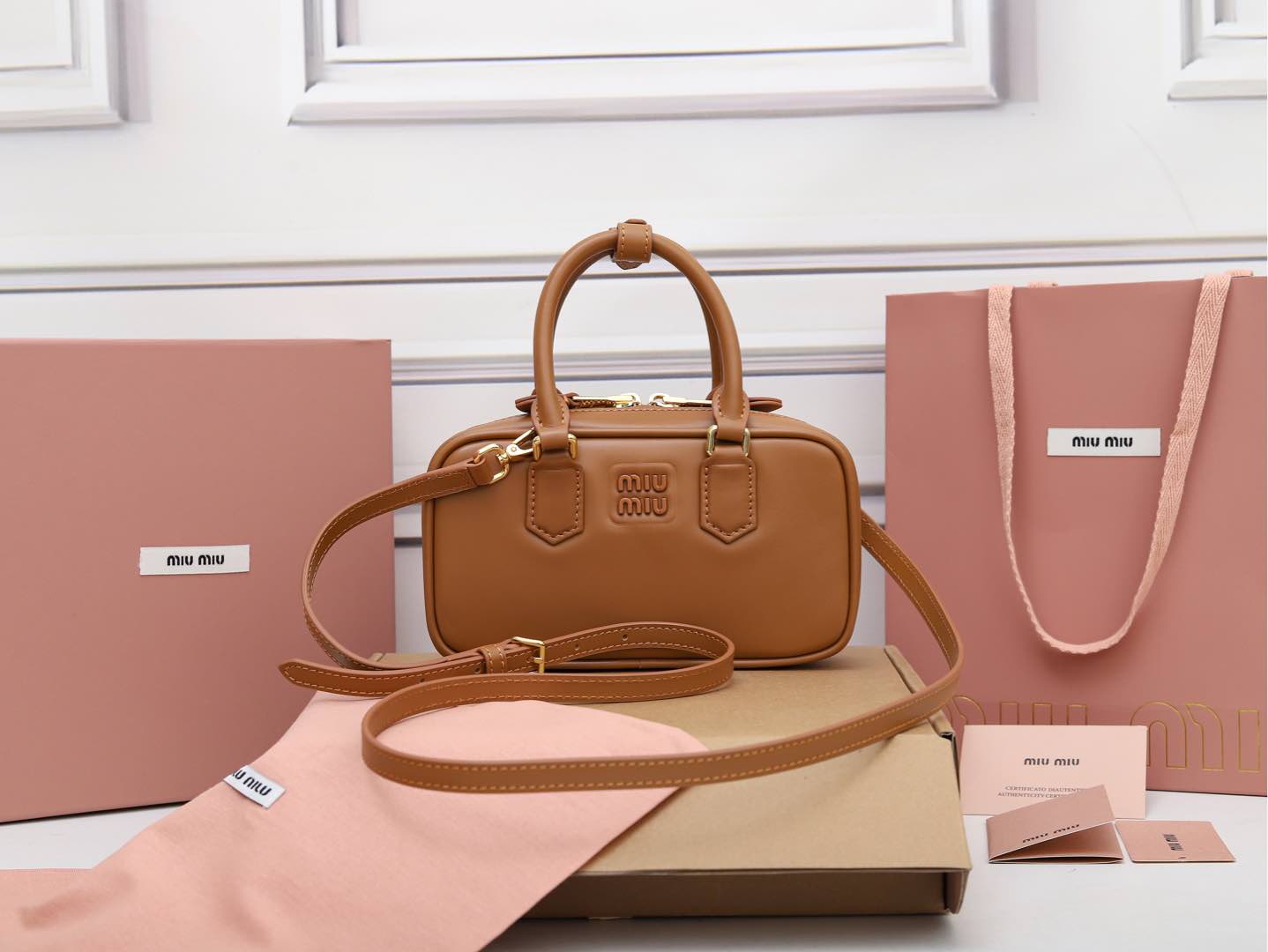 MIU MIU Calfskin Mini Arcadie Top Handle Bag Cognac