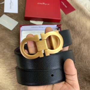 Salvatore Ferragamo Belt Mens Belt Black Gold Buckle Size 95/34-36W/ Bag Box