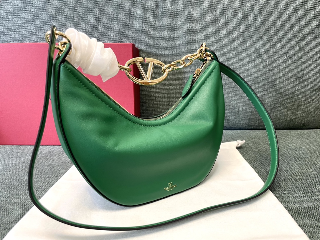 Valentino Vlogo Moon Medium Grainy Calfskin Hobo Bag With Chain green