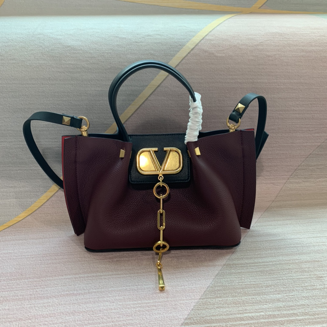 Valentino Burgundy/Black Pebbled Leather V-Logo