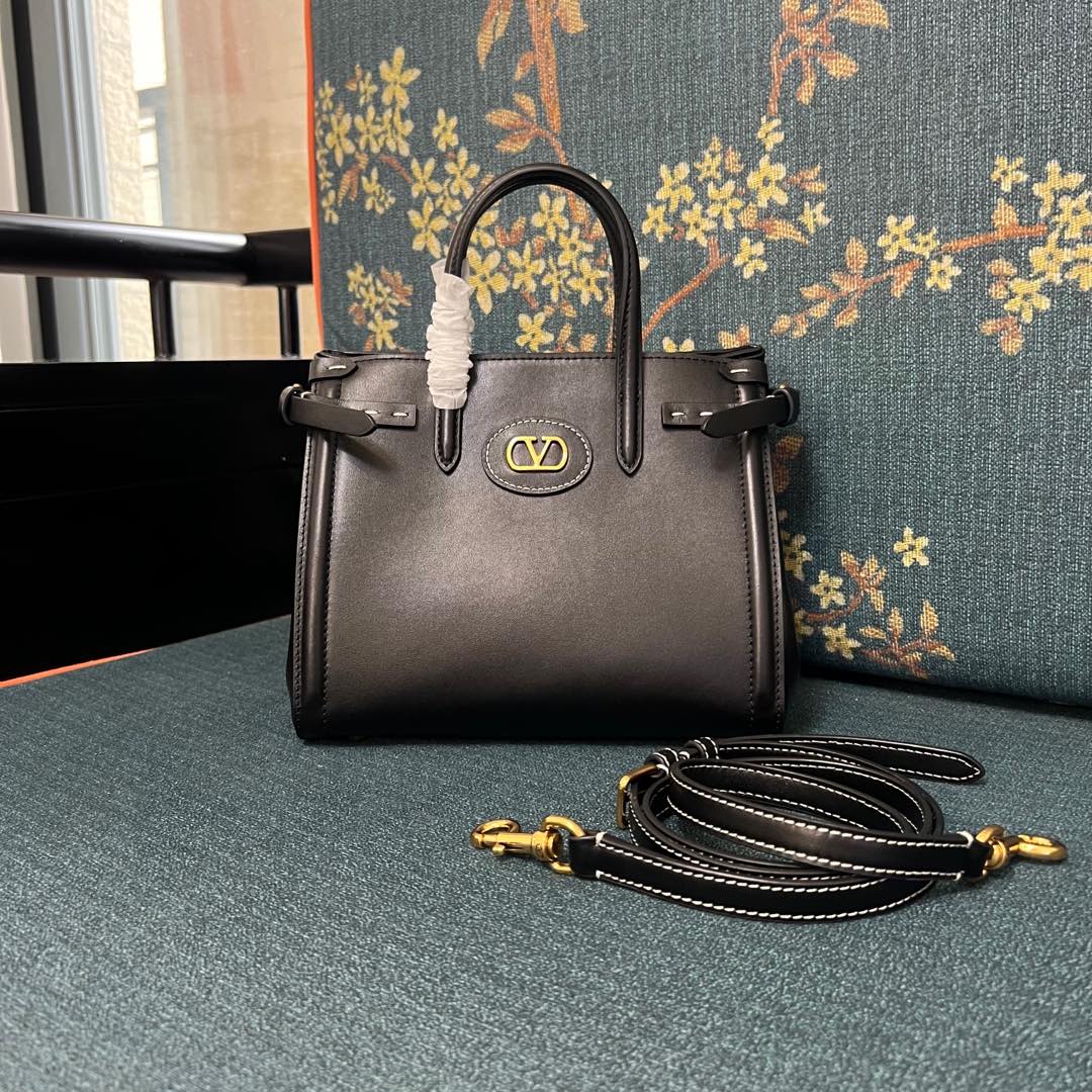 VALENTINO GARAVANI Antibes Small Black Leather Tote Bag