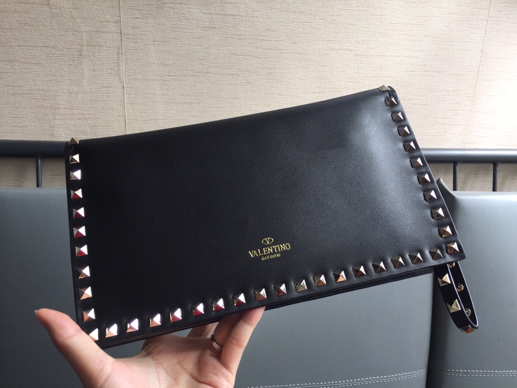 Valentino Black Leather Rockstud Small Clutch Bag