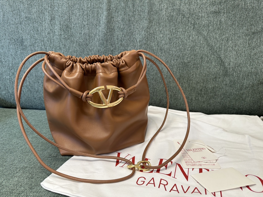Valentino Leather VLogo Pouf – Brown Bucket Bags, Handbags