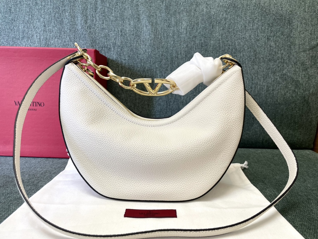 Valentino Small Vlogo Moon Hobo Bag In Grainy Calfskin With Chain for