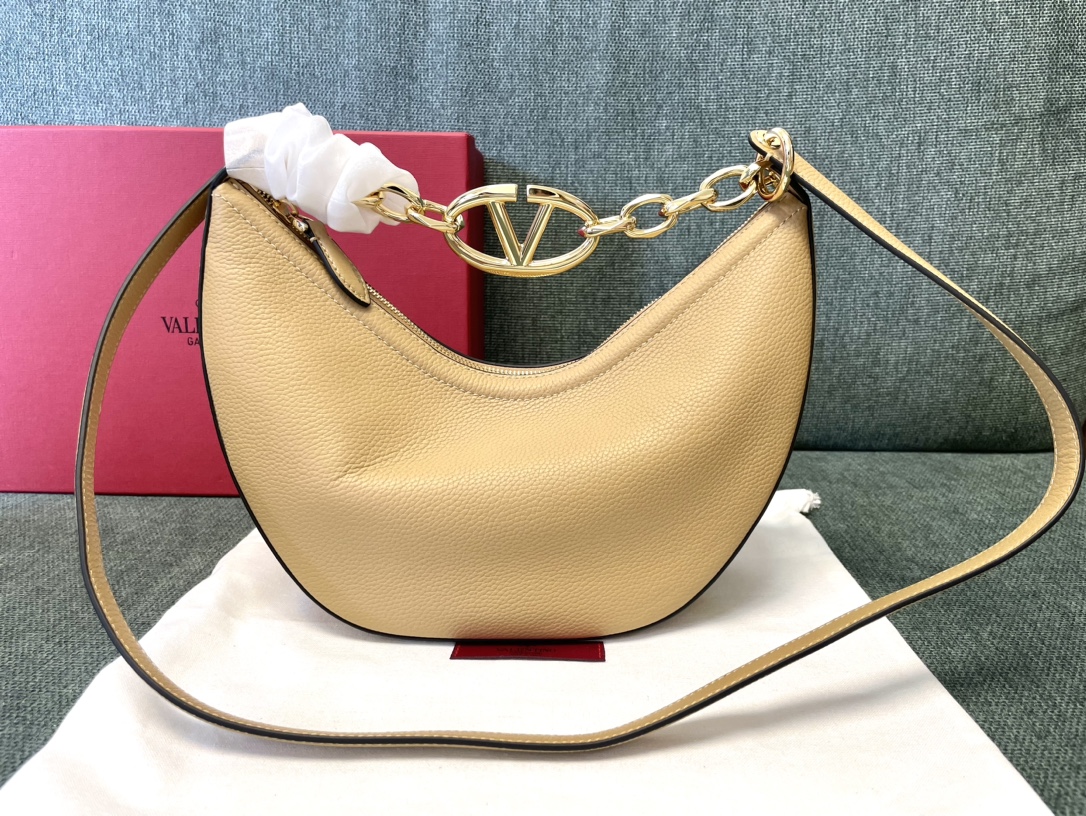 VALENTINO GARAVANI Grainy Calfskin Small Vlogo Moon Hobo Bag Cappuccino 1555391