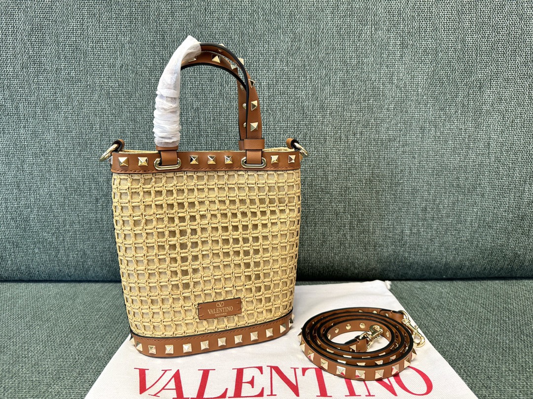 Valentino Raffia Mini Rockstud Shoulder Bag