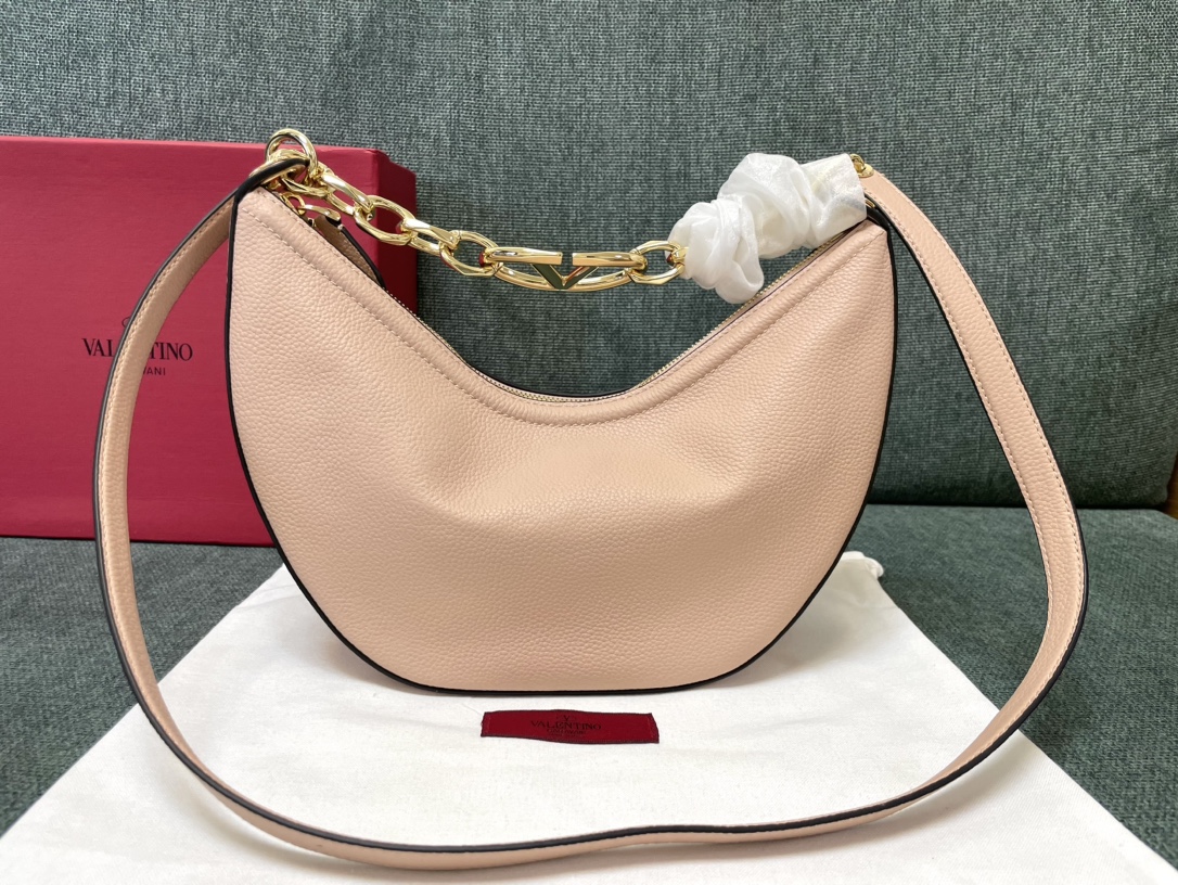 Valentino Vlogo Moon Medium Grainy Calfskin Hobo Bag With Chain for Woman in Ivory | Valentino US