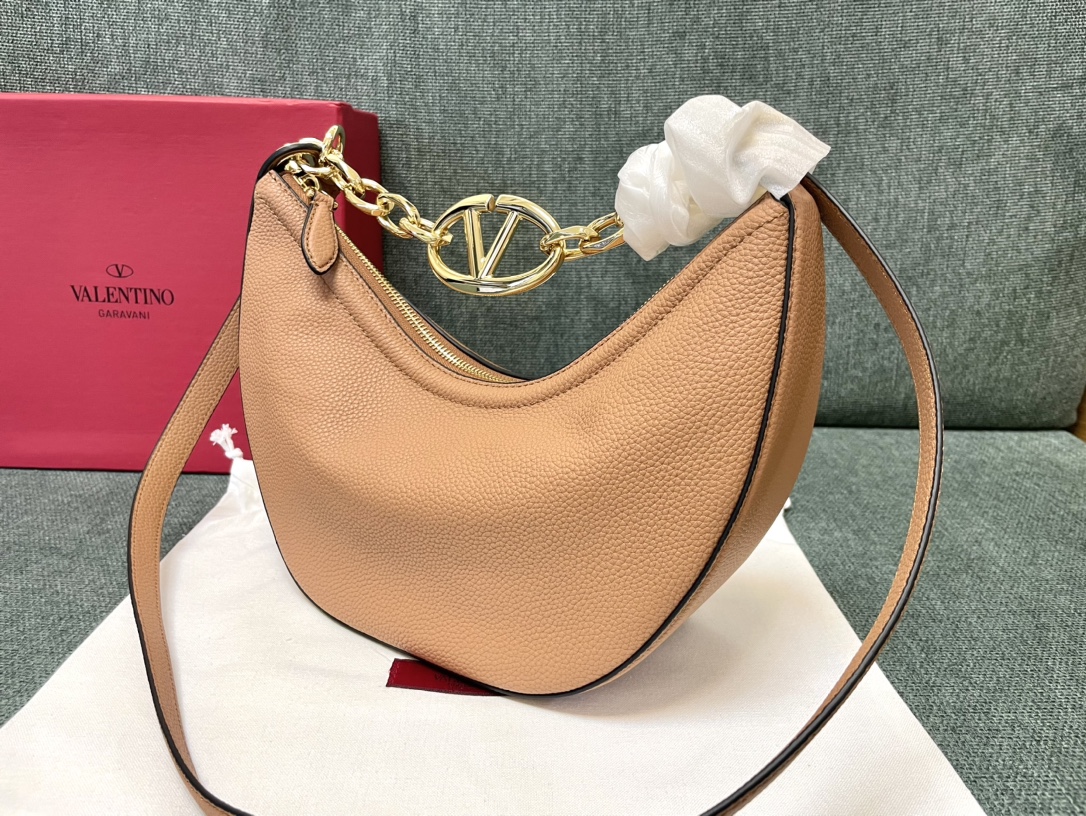 VALENTINO GARAVANI Grainy Calfskin Small Vlogo Moon Hobo Bag Cappuccino 1555391