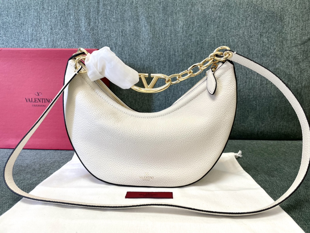 Valentino Small Vlogo Moon Hobo Bag In Grainy Calfskin With Chain for