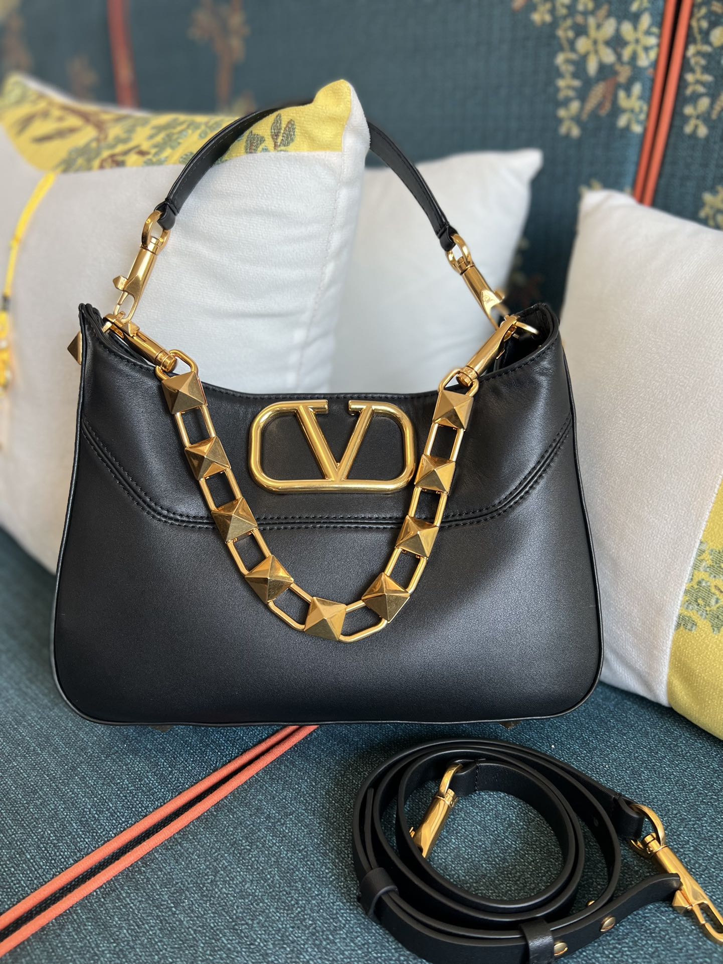 Valentino Garavani Stud Sign Open Hobo Leather Black
