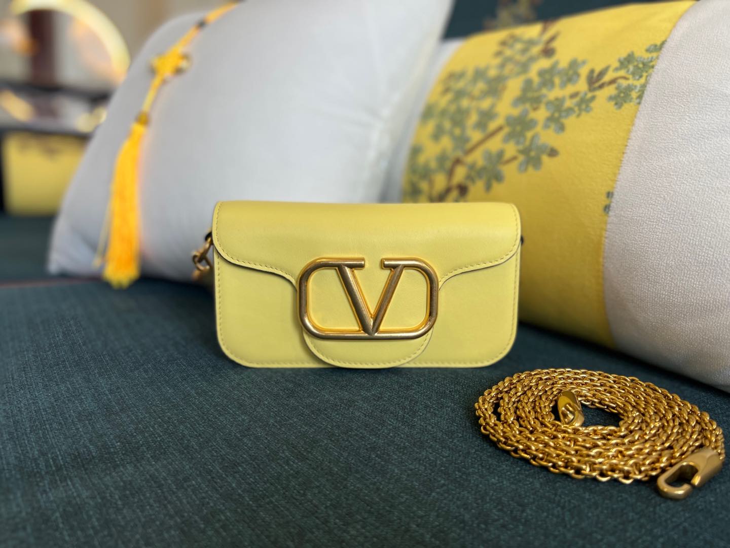 Valentino Garavani Small Locò Leather Top Handle Bag In Light Yellow