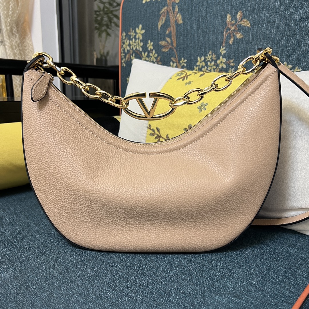 Valentino Vlogo Moon Medium Grainy Calfskin Hobo Bag With Chain