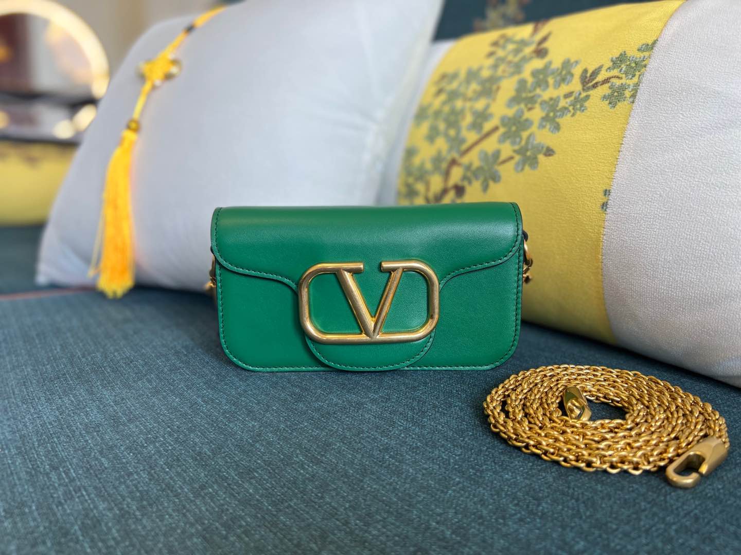 Valentino V Logo Small Tote and Shoulder Bag Green A