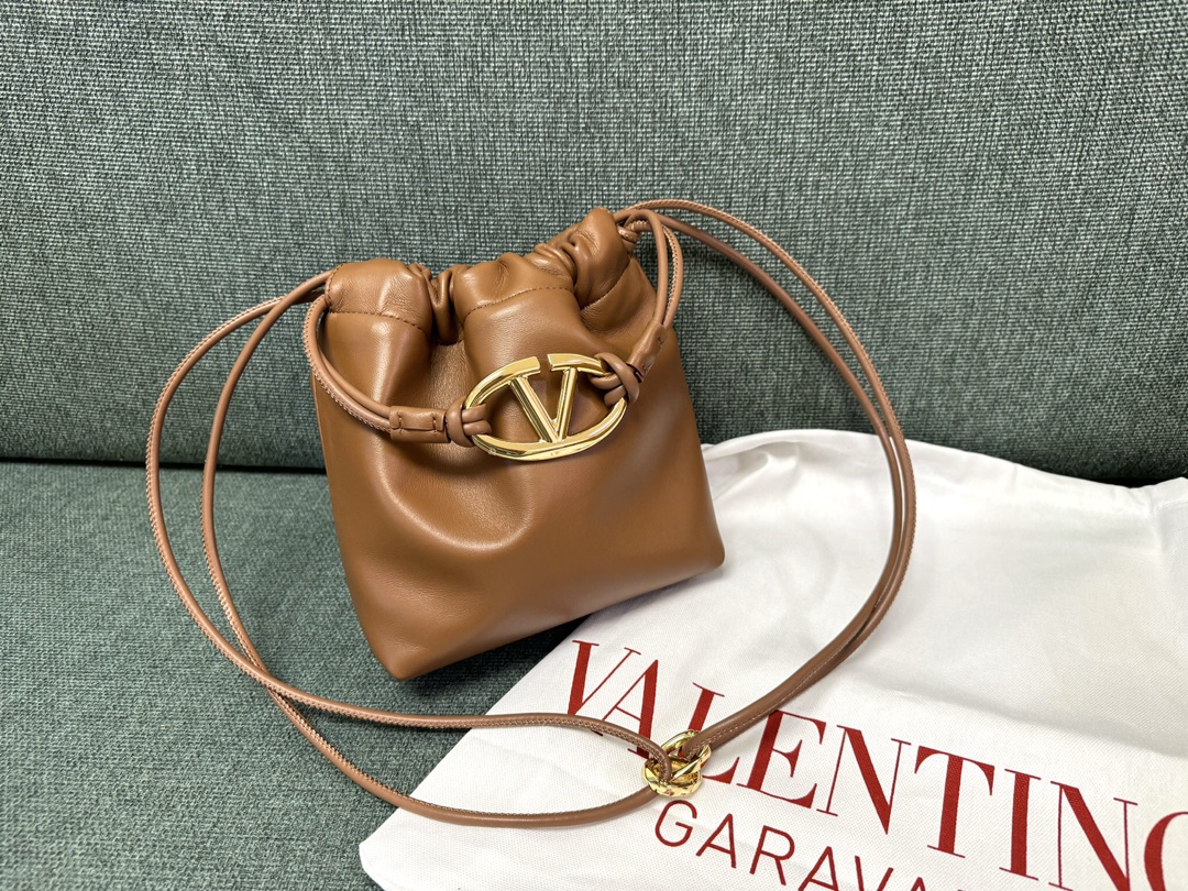 Valentino Leather VLogo Pouf – Brown Bucket Bags, Handbags