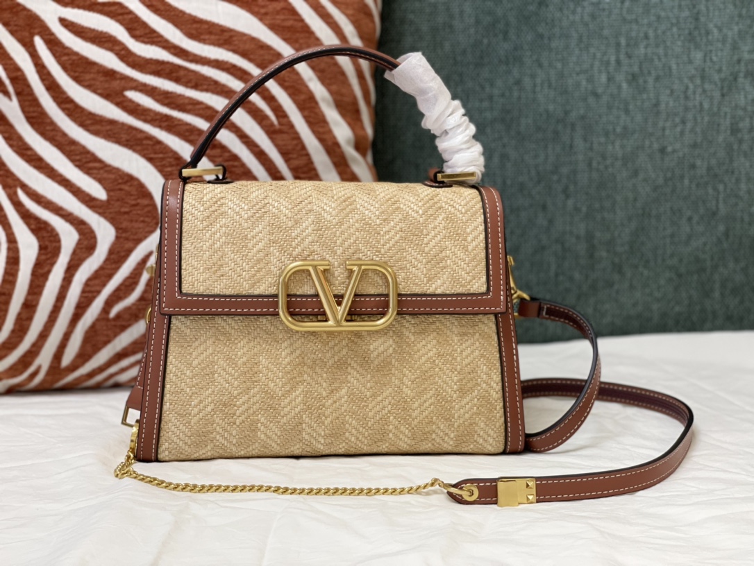 Valentino Natural/Brown Straw and Leather VSling Small Top Handle Bag Valentino