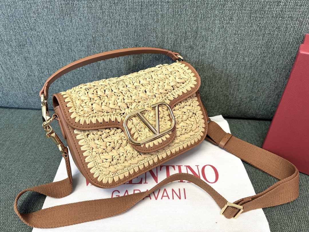 VALENTINO GARAVANI Raffia Calfskin Vlogo Alltime Shoulder Bag Natural Saddle Brown 1650988