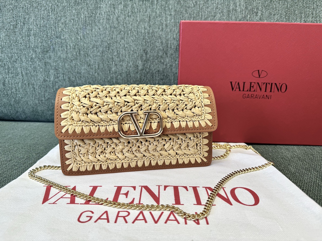 Valentino Garavani VLOGO Crochet Raffia Wallet with Chain