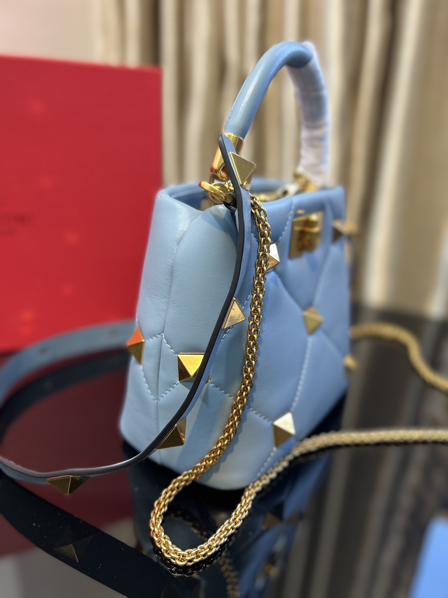 Valentino Blue Leather Small Roman Stud Top Handle Bag Valentino | TLC