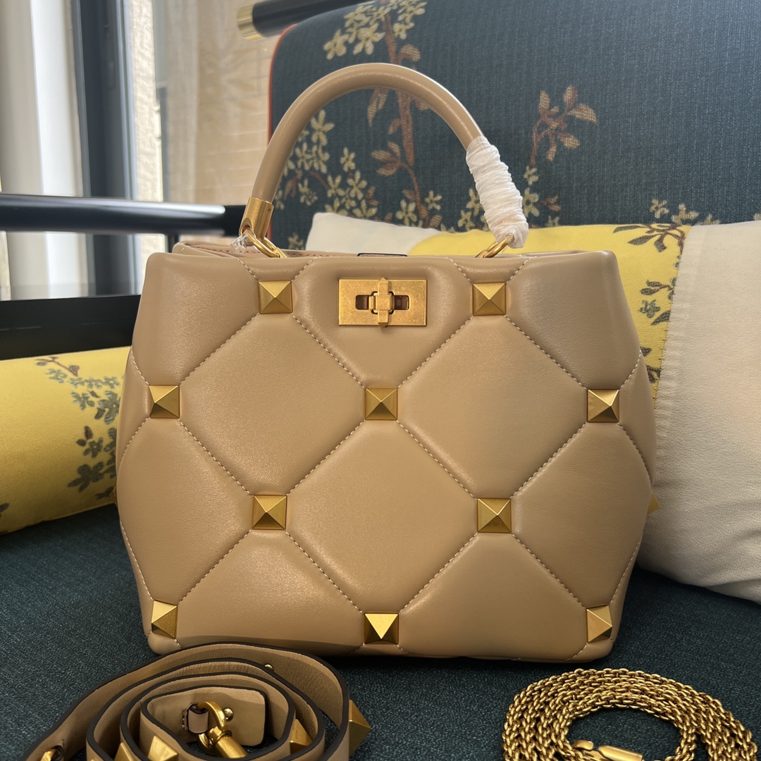 Valentino Small Roman Stud The Handle Bag in Nappa Rose